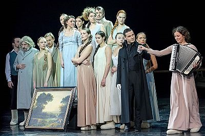 A crowd scene from "Eugene Onegin," by Rimas Tuminas.
