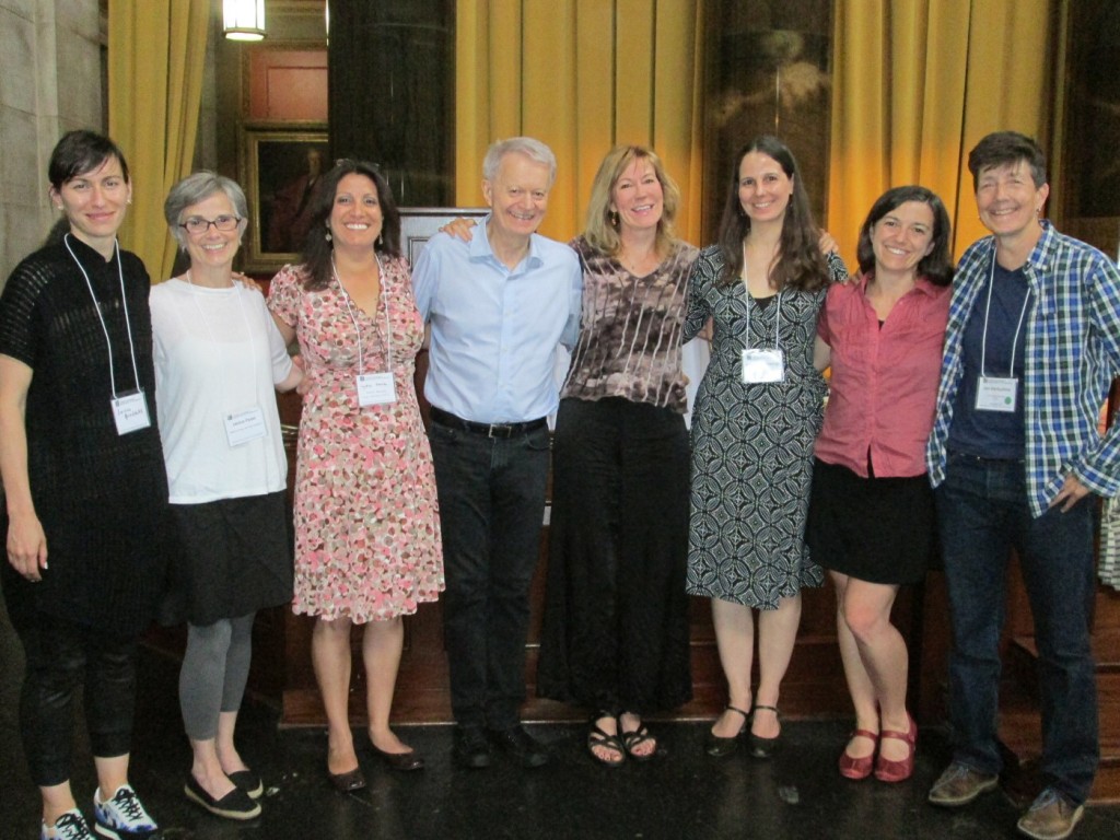 Mark Bly with the Bly Fellows [l-r]: Jessica Grindstaff, Janice Paran, Lydia Garcia, Mark Bly, Philippa Kelly, Katalin Trencsényi, Heidi Taylor and Jan Derbyshire at the LMDA 30th anniversary conference, New York, Columbia University, 2015. Photo: Cynthia SoRelle
