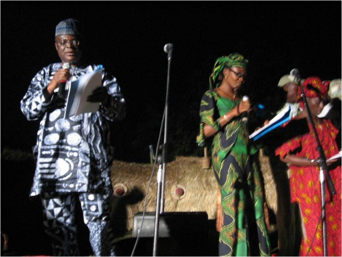 Femi Osofisan performing poetry in Abuja, on a night in his honor, at the Abuja Carnival.