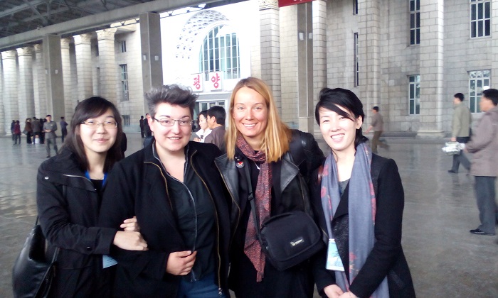 Olga Dimitrijević, centre left, and Maja Pelević, centre right, with guides, document their North Korean journey in Freedom: The Most Expensive Capitalist Word. Photo by Dimitrijević and Pelević